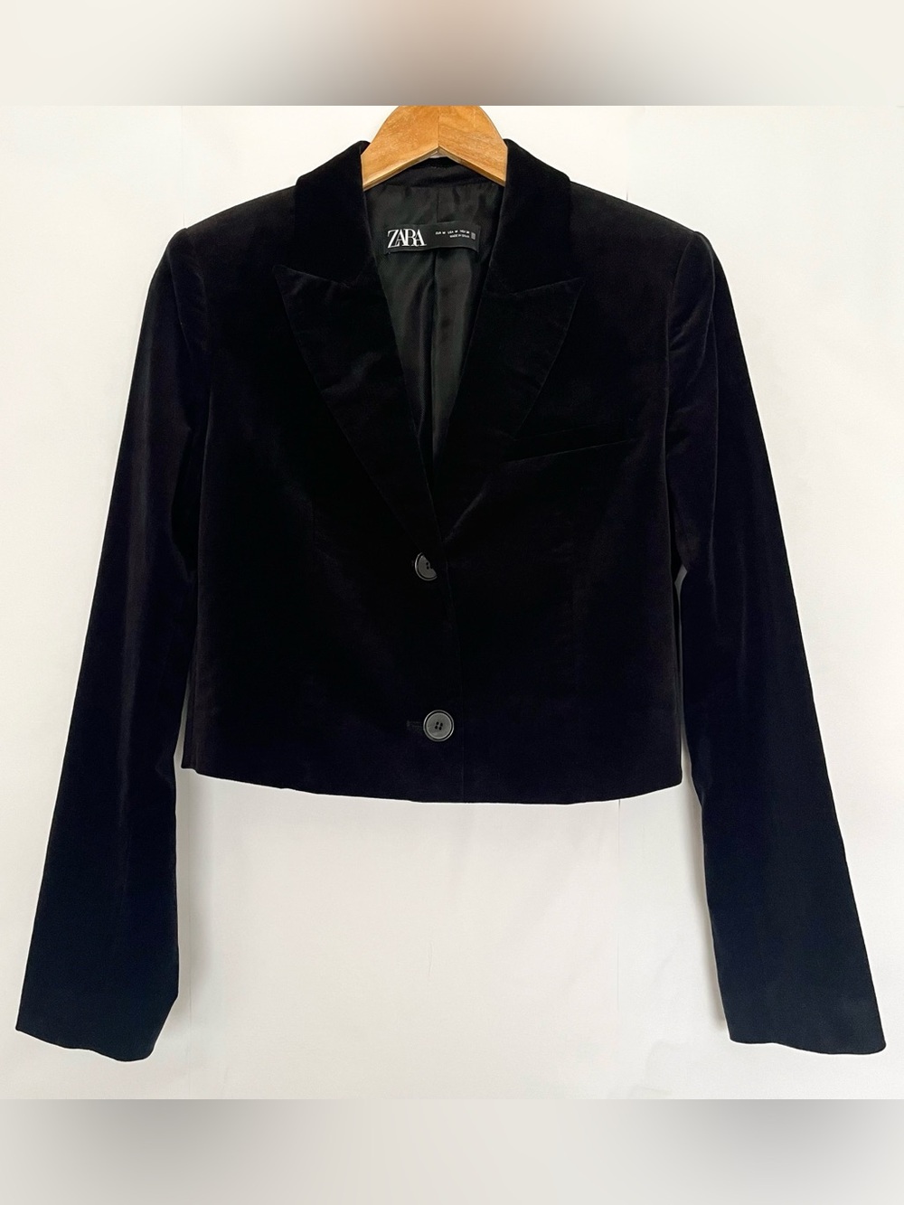 Zara Velvet Cropped Blazer Single Breasted Cotton Fully Lined Size Medium Black - Picture 16 of 16